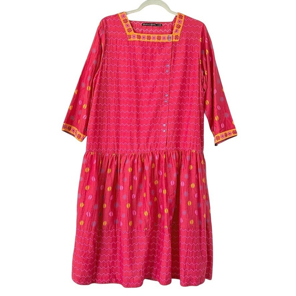 Gudrun Sjoden Red Pink Cotton Silk Geometric Floral Midi Dress Womens Small